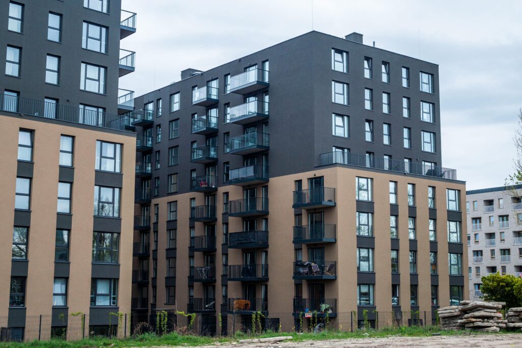 Contemporary residential apartment complex with modern architecture design.